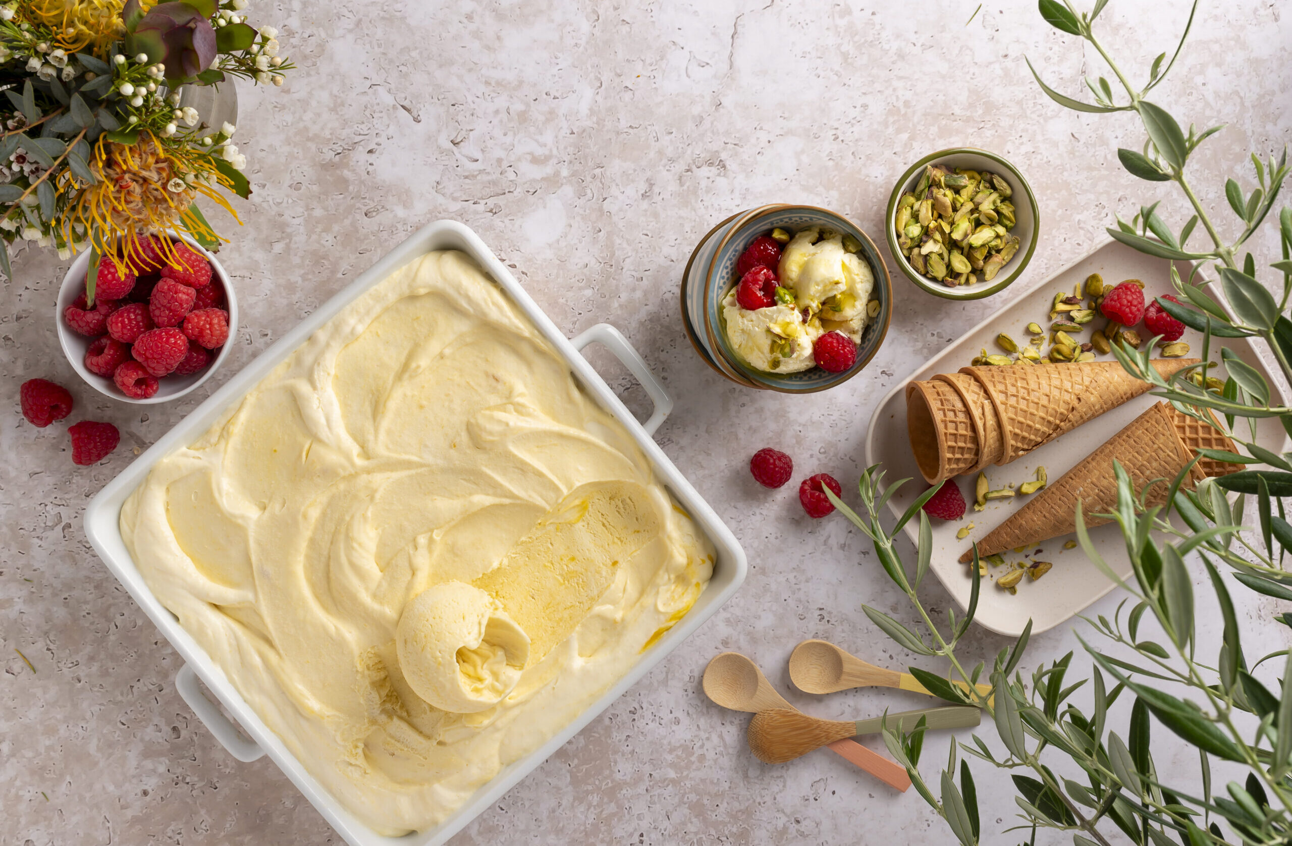 No-Churn Mango Ice Cream with Olive Oil, Raspberries & Pistachios